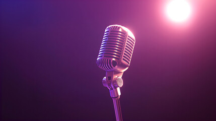 Vintage microphone with purple lighting for podcast and vocal recording. 