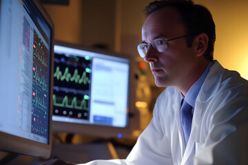 A focused medical professional analyzes data on computer screens in a dimly lit environment, emphasizing technology's role in healthcare.