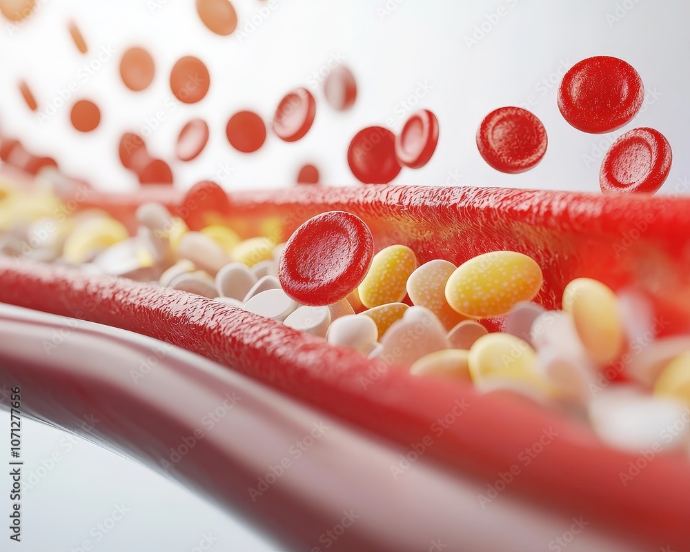 Poster cross-section of artery with cholesterol levels shown, hdl and ldl labeled