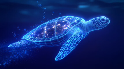 Obraz premium Futuristic wireframe sea turtle swimming in digital blue ocean with glowing lines. Glowing. Illustration