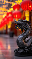 Fototapeta premium majestic black dragon statue stands in vibrant setting adorned with red lanterns, creating festive atmosphere. warm lights enhance cultural ambiance