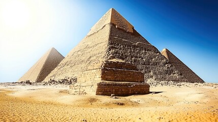 Three ancient stone pyramids in the desert with blue sky and sun shining.