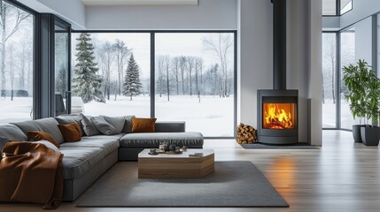 Cozy living room with a fireplace and winter view.