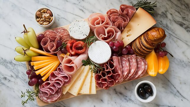 Minimalist charcuterie board arrangement with cured meats, cheeses, olives, nuts, and fresh berries on white marble surface