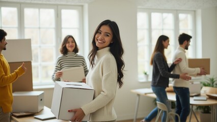 A cheerful woman smiles while carrying a box during an office relocation with coworkers in the background.