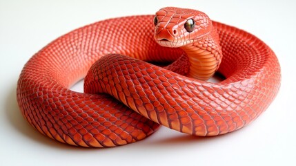 Fototapeta premium A red snake coiled up on a white background, looking directly at the camera.