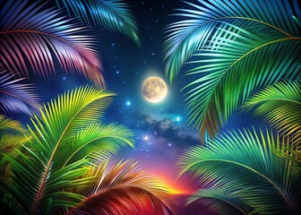 Vibrant Night Photography of Summer Multicolored Palm Leaves Against a Starry Sky for Tropical Vibes and Exotic Ambiance