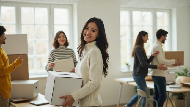 A cheerful woman smiles while carrying a box during an office relocation with coworkers in the background.