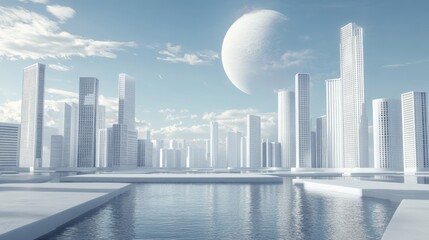 Naklejka premium A futuristic cityscape with sleek skyscrapers and a large celestial body in the sky.