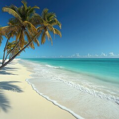 Tropical Beach Paradise: Stunning Palm Trees, Pristine White Sand, Crystal Clear Turquoise Water, Sunny Sky, Relaxing Ocean Waves, Exotic Escape
