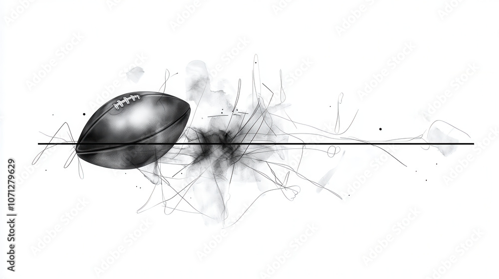 Poster artistic black and white sketch of football in motion, showcasing dynamic lines and abstract element