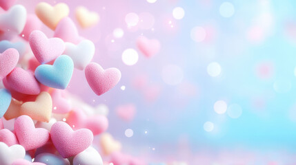 Colorful heart shaped candies create whimsical and romantic atmosphere, perfect for celebrations and special occasions