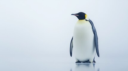 A single emperor penguin stands on a white surface, facing right, with a white background.