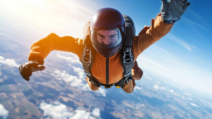 A skydiver in free fall, with the Earth below and blue sky above, showcasing the ultimate thrill of this extreme sport.