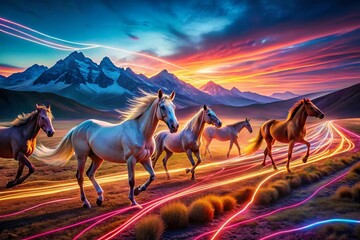 Vibrant Panoramic Scene of Majestic Horses Illuminated by Neon Lines in a Dynamic Landscape, Capturing the Essence of Freedom and Beauty in Nature