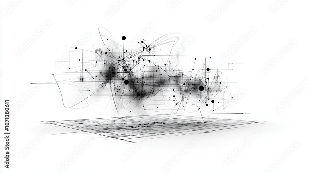 Poster abstract black and white conceptual drawing of football field with geometric shapes and lines, creat