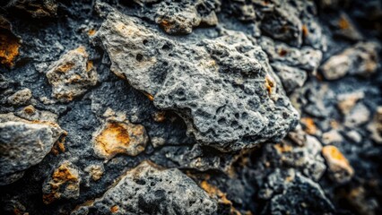 Close-Up of Rugged Black and White Stone Texture, Grunge Aesthetic, Industrial Style, Dark Gray Palette, Rough Surface, Old Concrete Essence, Textured Photography