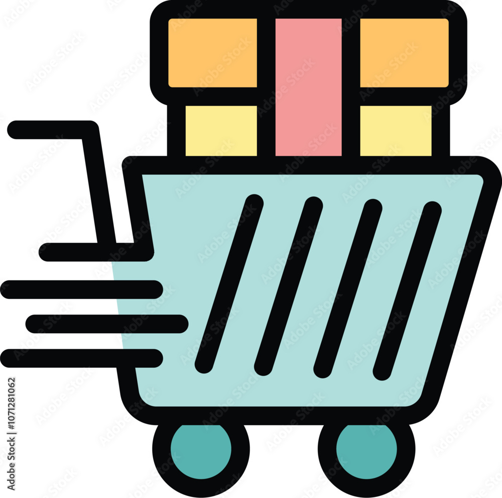 Poster simple icon of a shopping cart speeding with boxes, representing the concept of fast delivery servic