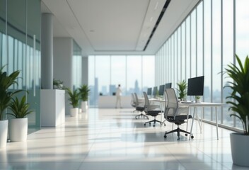A spacious, modern office with large windows allowing natural light to flood the room, creating a bright and productive workspace. The clean, minimalist design emphasizes professionalism and