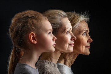 Aging journey: a portrayal of a female persona reflecting the changes of age, emphasizing the visual evolution of a woman’s face as she transitions through the natural stages of life.