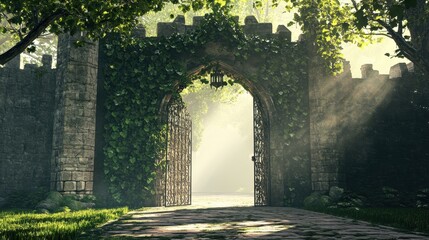 Fototapeta premium A Stone Archway with an Open Iron Gate Leading to a Misty Path