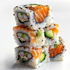 A stack of sushi rolls with various fillings such as fish and vegetables.