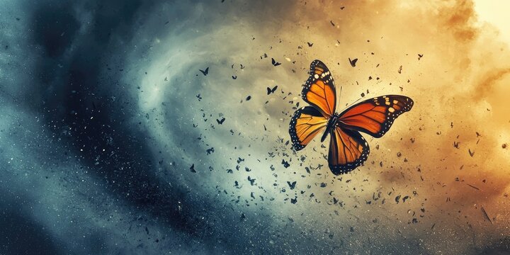 Butterfly effect illustration with a butterfly and tornado.