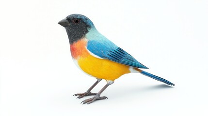 Obraz premium A vibrant blue, yellow, and red bird with a black head perched on a white background, looking to the left.