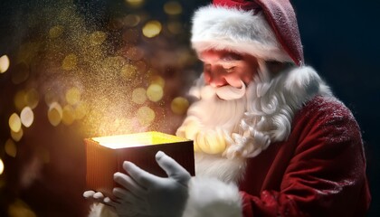 Santa Claus opens a magical Christmas gift, with sparkling light particles around the gift box, creating a magical atmosphere.