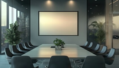 Modern Conference Room with Blank Screen and City View