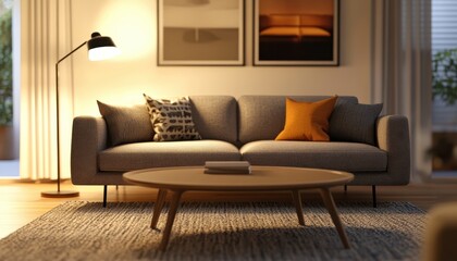 Modern living room interior with a gray sofa, wooden coffee table, and a floor lamp.