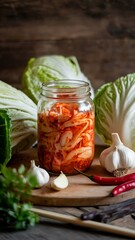 Homemade Korean kimchi jar with fresh ingredients like napa cabbage, carrots, garlic, and chili on wooden cutting board