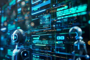Obraz premium Digital representation of AI chatbots conversing and functioning on a computer display