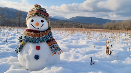 Obraz premium A snowman with a scarf and hat is standing in the snow