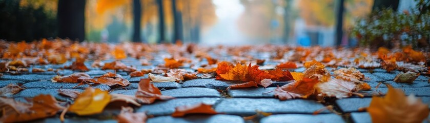 Fallen Autumn Leaves on a Stone Path in a Forest