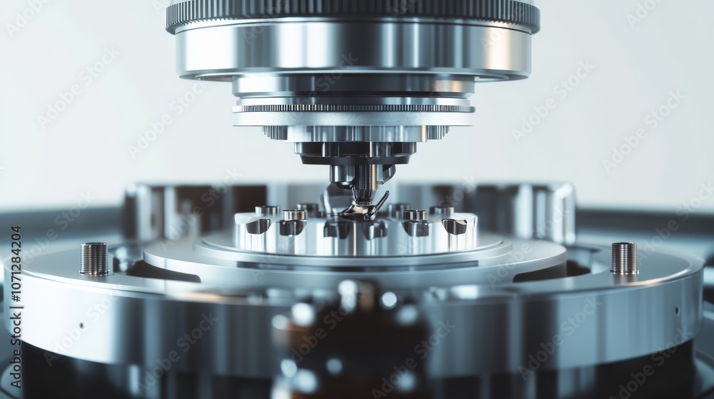 Poster precision machining: industrial metalworking, a close-up view of a cnc machine tool cutting metal in