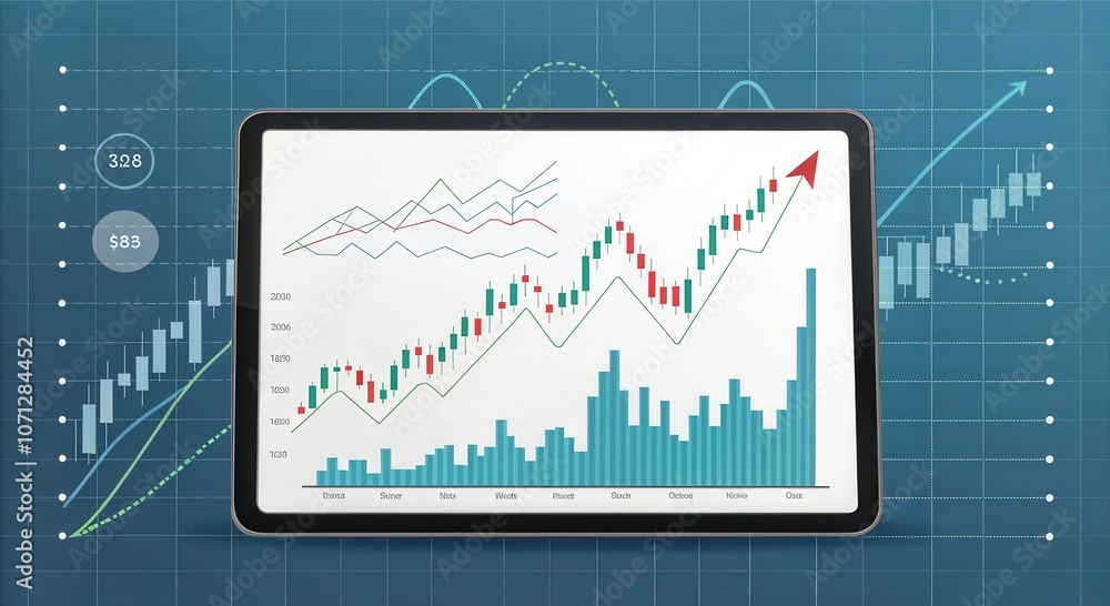 Aufkleber biotech stock trends displayed on a tablet with rising graph metrics. generative ai