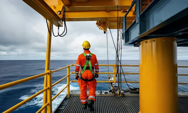 An offshore worker on an offshore platform at a large oil rig. Offshore oil and gas industry and operated by technician petroleum