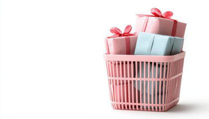 A pink basket holds neatly wrapped gifts adorned with bows, suggesting a festive or celebratory theme.
