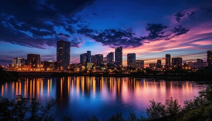 City Skyline Reflected in Water at Sunset