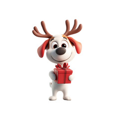 Cute Cartoon Dog with Reindeer Antlers Holding a Gift
