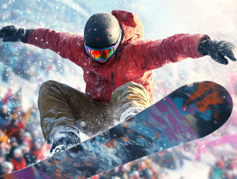 A snowboarder performing tricks in mid-air during a winter sports competition, with a crowd cheering in the background.