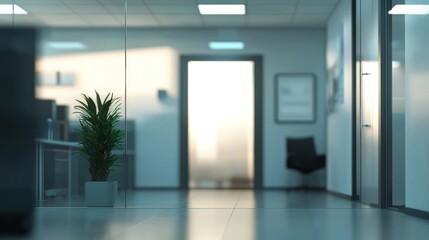 Obraz premium Blurred office interior background with a blurred door and glass wall, blurry bokeh light effect for a business concept design. High-quality photo, taken with a telephoto lens in realistic daylight.