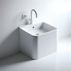 A freestanding white resin bathroom sink with a narrow rectangular shape designed to save space and 4 