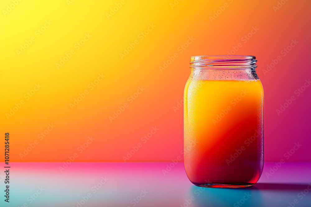 Poster a closeup of a jar filled with vibrant juice against a colorful gradient background. this visually a