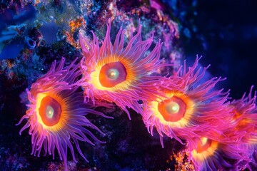Vibrant Anemone Tentacles Swaying in Bioluminescent Tide Pool,Macro Photography