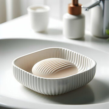 A white porcelain soap dish with grooved detailing designed for a minimalist look in Scandinavian sp3 
