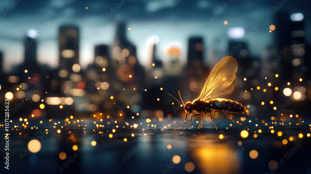 Poster glowing insect with delicate wings stands on reflective surface, surrounded by shimmering particles 