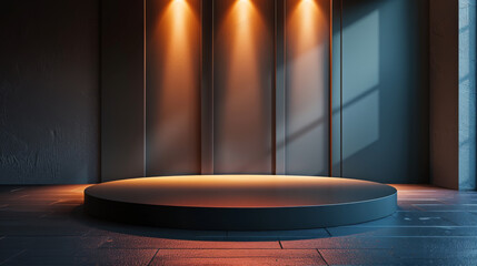 A black pedestal illuminated by warm spotlights, a minimal and modern setting for showcasing products.