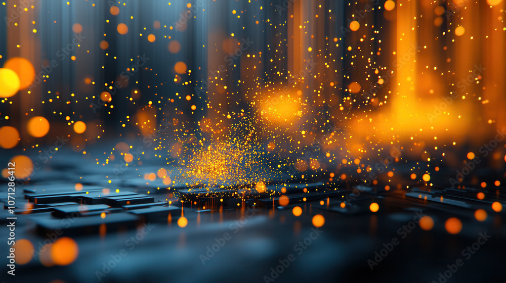 Poster vibrant swarm of glowing particles in modern digital environment, creating mesmerizing visual effect